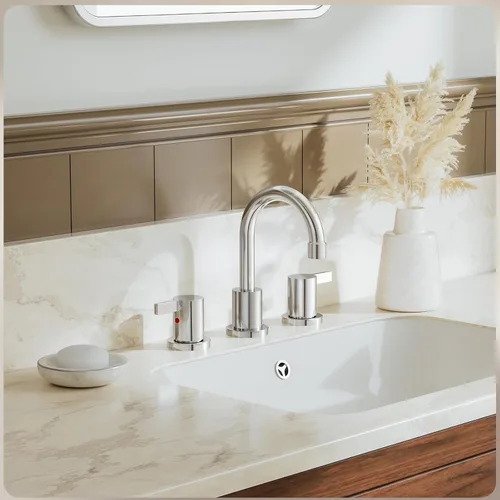 Vista 4 de Phiestina Grifo de baño cromado extendido de 8 pulgadas con 3 orificios, grifo de tocador de baño de 2 manijas con desagüe emergente de metal