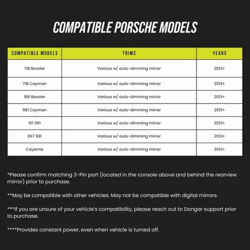 Vista 2 de Dongar Adaptador de corriente para cámara de mando (3 pines Keyway 2 para vehículos Porsche seleccionados), fuente de alimentación USB integrada