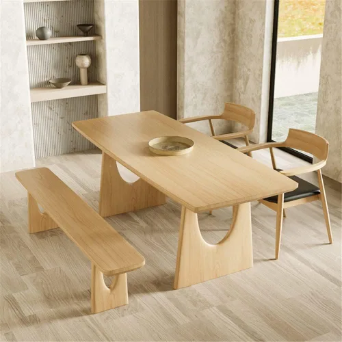 Vista 9 de Mesa de comedor de madera maciza rectangular moderna en la naturaleza con mesa de pedestal doble solo para comedor, cocina, mesa de ocio, 47.5