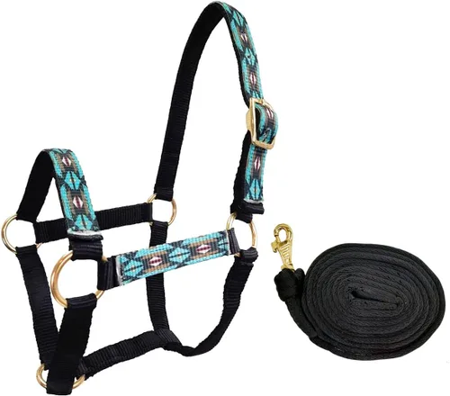 Vista 2 de Tahoe Tack Arnes de nylon mini con patrón para caballo con muserola acolchada y cuerda de nailon de agarre suave de 7' - Garantía de 6 meses