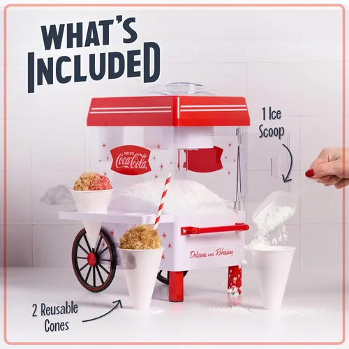 Vista 4 de Nostalgia Coca-Cola Máquina de Raspados de Nieve de Hielo Raspado - Máquina de Granizados Retro de Mesa Coke Hace 20 Golosinas Heladas - Incluye 2