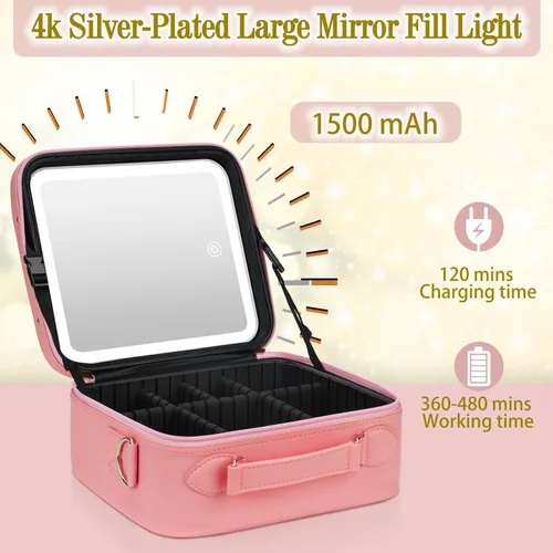 Vista 11 de Bolsa de Maquillaje de Viaje con Espejo Iluminado, Estuche de Maquillaje de Viaje con Divisores Ajustables, Estuche de Maquillaje Impermeable