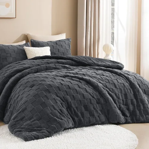 Vista 15 de Litanika - Juego de edredón esponjoso tamaño individual color beige, 3 piezas, ropa de cama de sherpa de felpa cálida para invierno, juego de cama