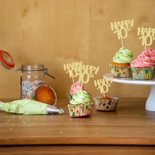 Vista 5 de Gyufise Paquete de 24 adornos dorados para cupcakes número 10 para celebrar cumpleaños de 10 años, bodas, aniversarios, fiestas, suministros