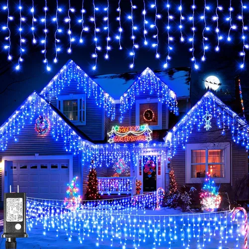 Vista 9 de Luces de carámbano para exteriores, 16.5 pies, 200 luces LED de Navidad para exteriores, impermeables, 8 modos de enchufe, cortina de luz conectable