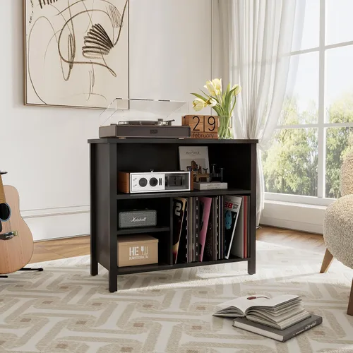Vista 2 de Soporte para tocadiscos, gabinete de almacenamiento de discos de vinilo de mediados de siglo, soporte para tocadiscos de 3 niveles, soporte