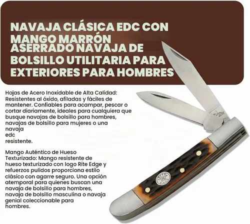 Vista 3 de Rite Edge SZCO - Cuchillo de bolsillo plegable de 2.75 pulgadas de Jig Bone Peanut - Cuchillo de acero inoxidable de 2 hojas para hombres con mango