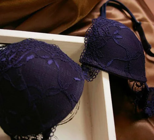 Vista 3 de Conjunto de brasier push up de encaje sólido para mujer, albaricoque, azul marino