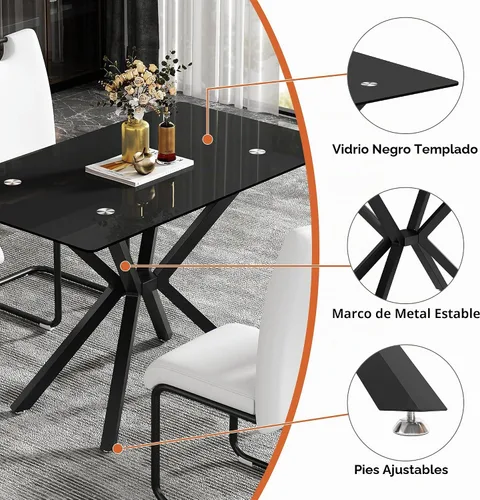 Vista 4 de Juego de 4 mesas de comedor de cristal negro, mesa de cocina minimalista moderna de 47 pulgadas con 4 sillas de comedor clásicas negras y plateadas