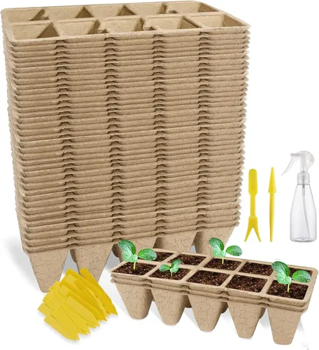 Vista 12 de Bandeja de inicio de semillas 100 celdas, macetas de turba biodegradables para plántulas, paquete de 10 vasos cuadrados de pulpa de 1.8 pulgadas