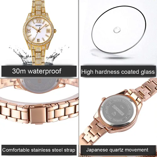 Vista 5 de SKMEI Lady Watches for Women Female Bling Dress Fashion Luxury Diamond Business Casual Analog Quartz Waterproof Stainless Steel Wristwatches Gifts