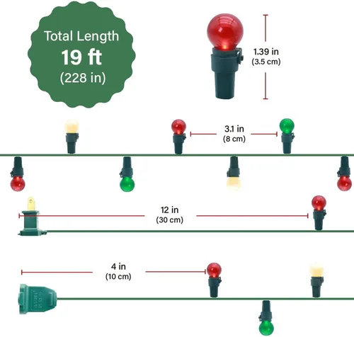 Vista 2 de GlowVibe - Luces de Navidad rojas, blancas y verdes para interiores de 19 pies con 70 luces LED, bombillas de cristal perlado G15 para árbol