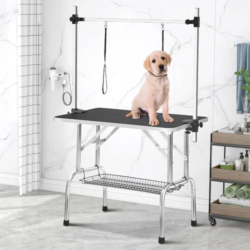 Vista 10 de Mesa profesional ajustable de aseo para mascotas de 36 pulgadas, resistente, con brazo y nariz y bandeja de malla para perros grandes, estación
