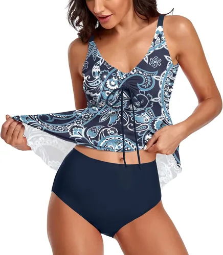 Vista 2 de Smicabe Tankini Swimsuits for Women 2 Piece Modest Blouson Tank Top Bathing Suits with Bikini Bottom