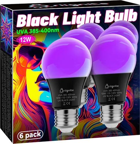 Vista 18 de Bombillas Briignite de luz negra, 12 W LED de luz negra para decoración de Halloween, foco de luz UV-A 385-400 nm, foco de luz negra A19