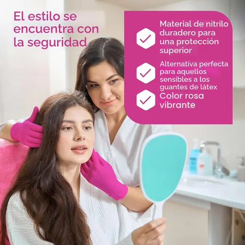 Vista 3 de Inspire Guantes desechables sin látex Guantes de nitrilo rosa para peluquería y uñas, guantes desechables de nitrilo esteticista