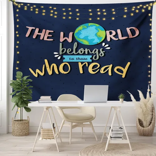 Vista 7 de Ambesonne Tapiz de libro, tamaño King, el mundo pertenece a los que leen palabras inspiradoras sobre fondo azul oscuro, colcha colgante de pared