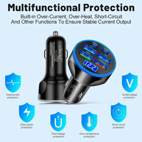 Vista 15 de Adaptador De Carga Súper Rápida USB C Para Coche Y Teléfono 6 En 1 Con Pantalla De Voltaje 250W Carga USB De Encendedor De Cigarrillos De Múltiples