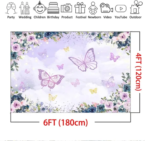 Vista 4 de Mocsicka Fondo de mariposa violeta - Fondo de decoración de fiesta de niña floral púrpura - Boda, cumpleaños, baby shower - 6 x 4 pies