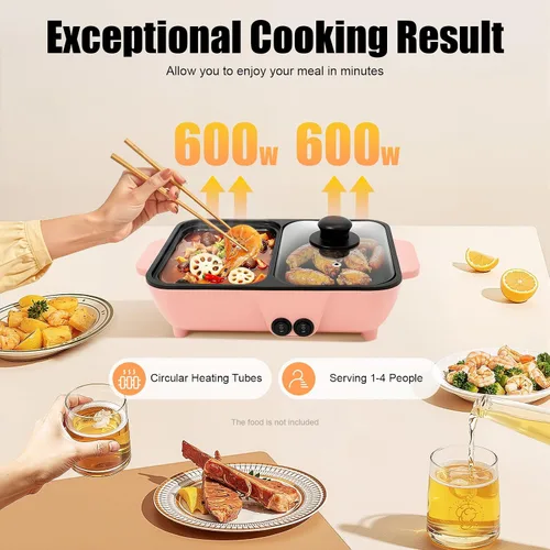 Vista 5 de Olla caliente eléctrica de 1200 W con parrilla, 2 en 1 antiadherente mini Shabu Shabu barbacoa sartén de 110 V olla de cocina de mesa con doble