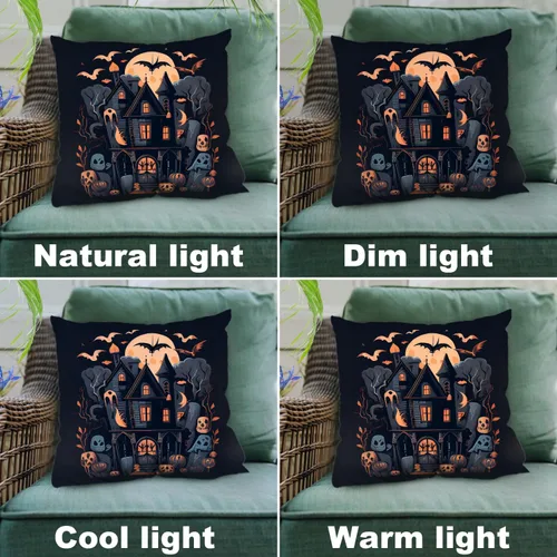Vista 7 de Shrahala Funda de almohada decorativa de castillo oscuro de Halloween, casa con murciélagos de bruja, esqueleto, funda de almohada cuadrada mezclada