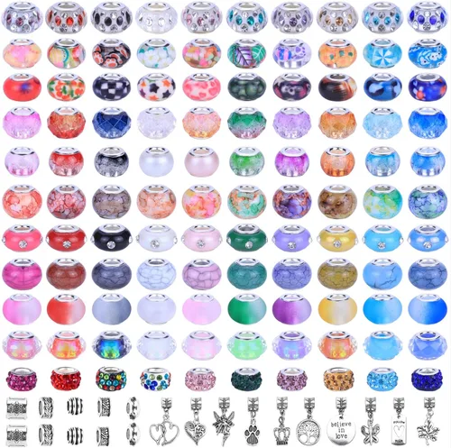 Vista 9 de 120 Piezas de Cuentas Europeas Surtidas para Manualidades Agujero Grande Cuentas Espaciadoras Lampwork Cuentas Europeas Coloridas para Collar Flor
