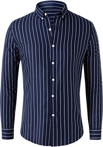 Vista 6 de Camisas de vestir a rayas con botones para hombre, manga larga, ajuste regular, solapa, vertical, a rayas