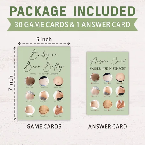 Vista 2 de 30 tarjetas de juego minimalistas verdes para baby shower con tarjeta de respuesta, juego de vientre de bebé o cerveza, juegos de baby shower