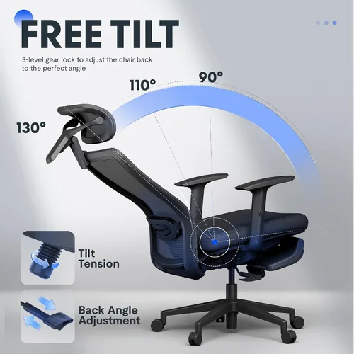 Vista 8 de FLEXISPOT OC3 Cloud - Silla de oficina ergonómica con reposapiés, silla de computadora con respaldo de malla, sillas de escritorio de oficina
