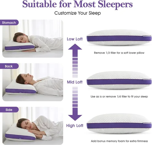 Vista 4 de BPC Almohada de espuma viscoelástica triturada tamaño Queen, almohada de cama refrescante para dormir, soporte firme y suave ajustable para personas