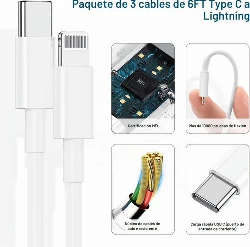 Vista 5 de Cargador de teléfono de carga rápida de 6 pies, bloque de cargador USB C rápido de 20 W con cable USB C a Lightning de 6 pies de longitud