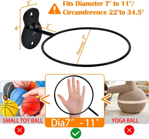 Vista 3 de Soporte de pared para baloncesto, soporte de bola de metal de 7 pulgadas de diámetro, almacenamiento de pelotas para baloncesto, fútbol, voleibol