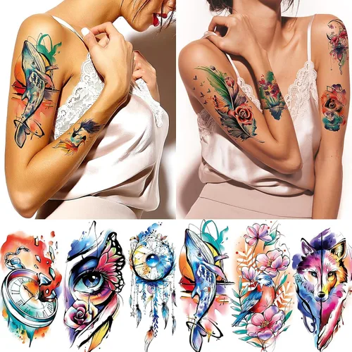 Vista 4 de EMOME 79 hojas de tatuajes temporales realistas para mujeres, tatuajes falsos de brazo de acuarela para niñas, tatuajes temporales de larga duración