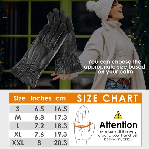 Vista 6 de Guantes de cuero genuino para mujer, guantes de invierno cálidos con forro de cachemira para pantalla táctil para conducir, guantes de piel de oveja