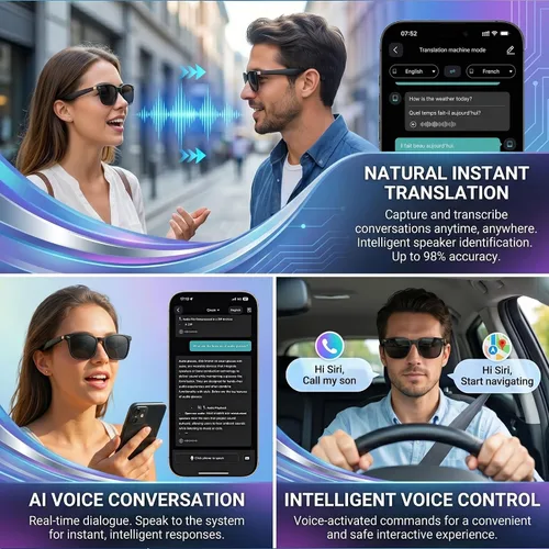 Vista 6 de Gafas inteligentes AI con traducción de 164 idiomas y audio Negro