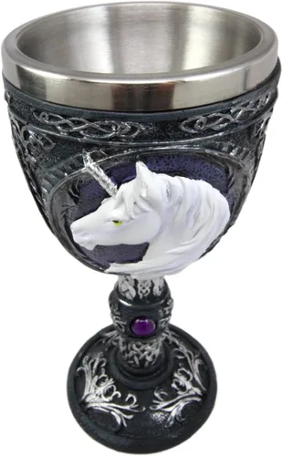 Vista 4 de Ebros Gift Gran figura mágica sagrada púrpura real gemas blancas unicornio vino de pureza cáliz cáliz figura con arte de desplazamiento y nudos