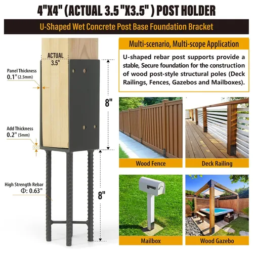 Vista 3 de 4"x4" (Real 3.5"x3.5") Soporte de poste en U de acero inoxidable, anclaje de poste para hormigón húmedo, soporte de base de poste resistente