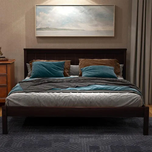 Vista 14 de Cama de plataforma de madera tamaño matrimonial con cabecera y estribo, base de cama de plataforma de trineo de tamaño matrimonial con espacio