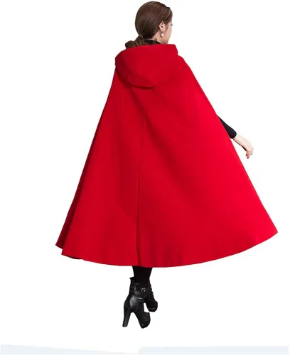 Vista 3 de Yimidear Capa de invierno para mujer, capa roja cálida con capucha de mezcla de lana, chaqueta de poncho