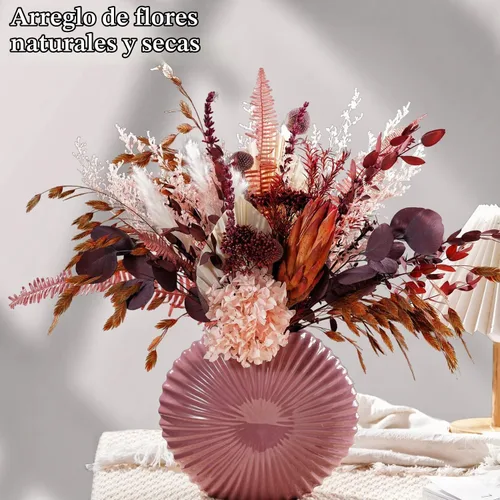 Vista 5 de Ramo de flores secas naturales, decoración de hierba de las pampas con plantas preservadas, arreglos florales rústicos bohemios para centros de mesa