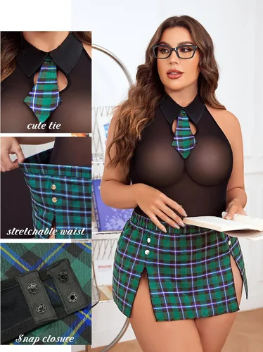 Vista 3 de Avidlove Conjunto de lencería de talla grande para mujer, trajes sexys para juegos de rol, disfraz de cosplay, lencería escolar con falda a cuadros