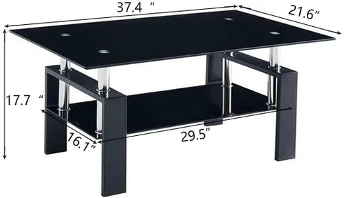 Vista 3 de Mesa de centro rectangular de vidrio, mesa de centro lateral de patas de madera de ingeniería moderna con estante inferior, mesa de centro de vidrio