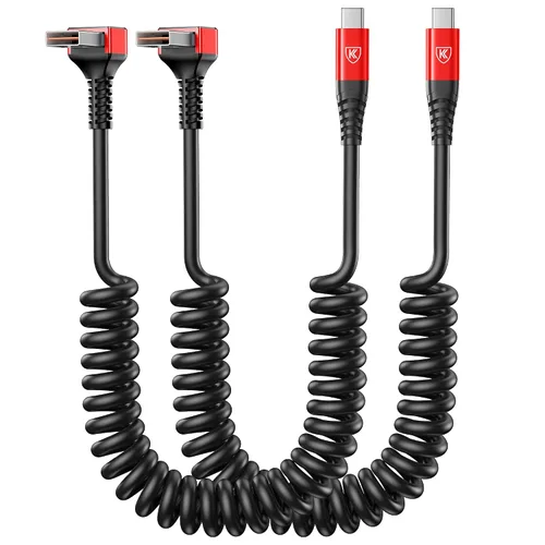Vista 19 de Cable USB A a USB C de 90 grados, paquete de 2 cables USB tipo C en espiral de 3 pies para automóvil, cable de carga rápida USB-C compatible
