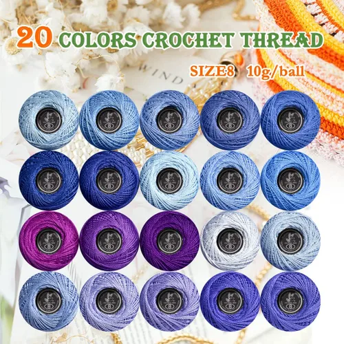 Vista 2 de Hilo de ganchillo clásico de 20 colores, paquete de 20 unidades, 100% algodón (azul aciano-553-3838)