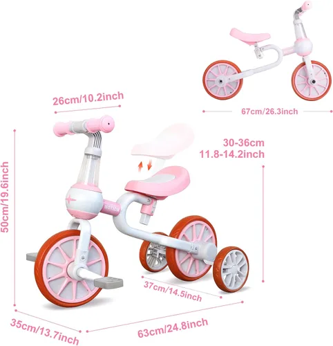 Vista 5 de XIAPIA Bicicleta 3 en 1 para Niños Pequeños de 2-4 Años Niña Niño, Triciclo para Niños con Asiento Ajustable, Pedal Desmontable y Ruedas