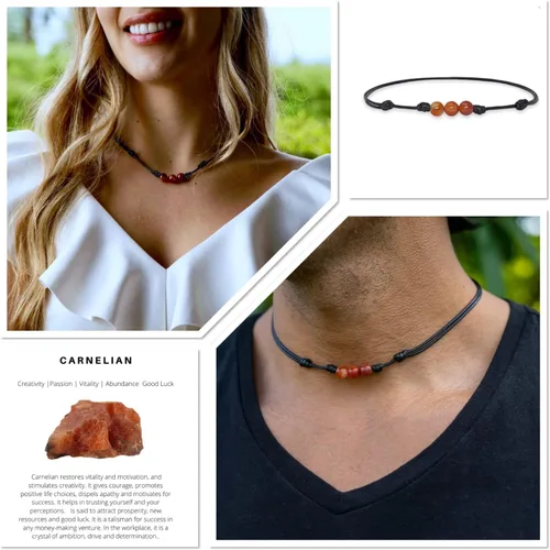 Vista 2 de Luck Strings Collar con dije de cuentas de piedras preciosas de cornalina con cordón de nailon de cera ajustable, gargantilla unisex con cuentas