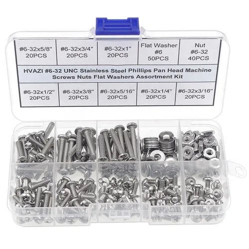 Vista 10 de Juego surtido de tornillos Phillips de cabeza plana de acero inoxidable #2-56 UNC y tuercas 220PCS, 9 Sizes, 5/32" to 1" Length, Imperial