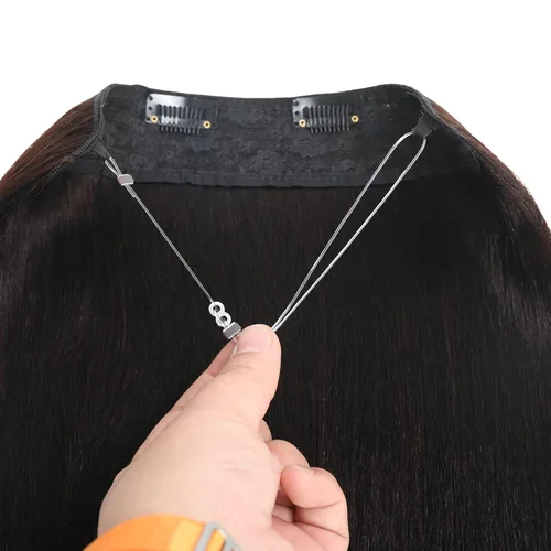 Vista 5 de Extensiones de cabello humano 100% real, de 18 pulgadas, color marrón, largo, lacio, alambre invisible con alambre transparente, 4 clips