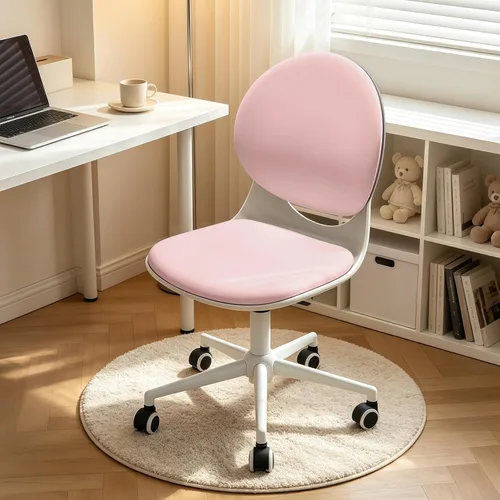 Vista 10 de Silla moderna de oficina en casa, silla de escritorio de tela de piel sintética sin brazos con respaldo medio, silla giratoria de altura ajustable