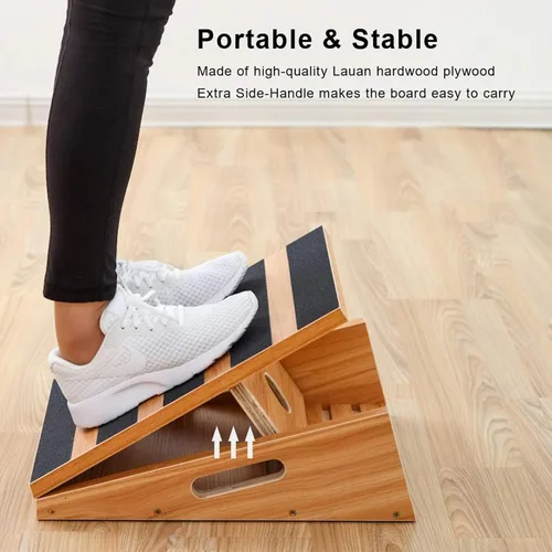 Vista 6 de StrongTek Tabla inclinada de madera profesional, tabla inclinada ajustable y estirador de pantorrillas, diseño de cobertura parcial con mango